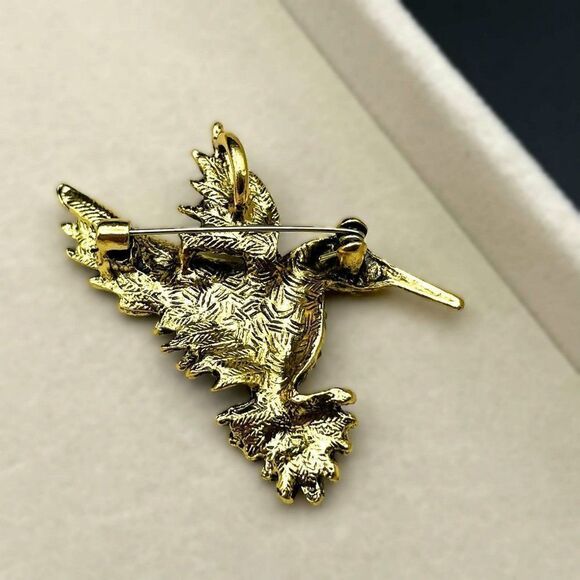 Yellow Gold with Yellow Citrine and White AB Crystal Hummingbird Pin Back Brooch - Picture 6 of 7
